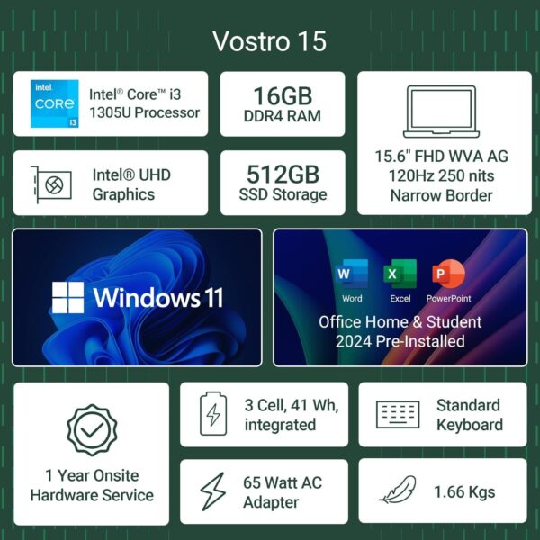 Dell Vostro, Intel Core i3 13th Gen - 1305U, 16GB DDR4 RAM, 512GB, FHD 15.6"/39.6 cm, Windows 11, Office H&S 2024, Carbon Grey, 1.66Kg, 120Hz 250 nits Narrow Border Display, Intel UHD Graphics Laptop - Image 2