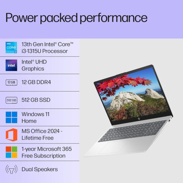 HP 15, 13th Gen Intel Core i3-1315U (12GB DDR4, 512GB SSD) FHD, Anti-Glare, Micro-Edge, 15.6''/39.6cm, Win11, M365 Basic(1yr)* Office24, Silver, 1.59kg, fd0573TU, FHD Camera w/Shutter Laptop - Image 2