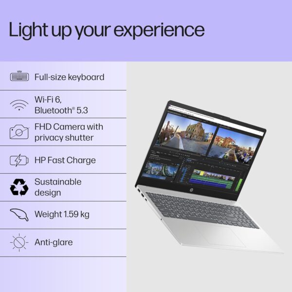 HP 15, 13th Gen Intel Core i3-1315U (12GB DDR4, 512GB SSD) FHD, Anti-Glare, Micro-Edge, 15.6''/39.6cm, Win11, M365 Basic(1yr)* Office24, Silver, 1.59kg, fd0573TU, FHD Camera w/Shutter Laptop - Image 3